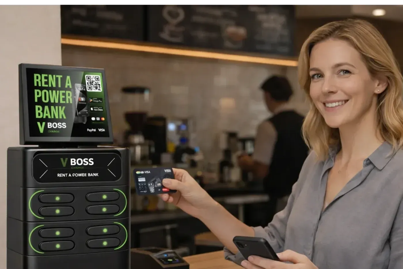 A customer renting a VBoss power bank from a countertop charging station